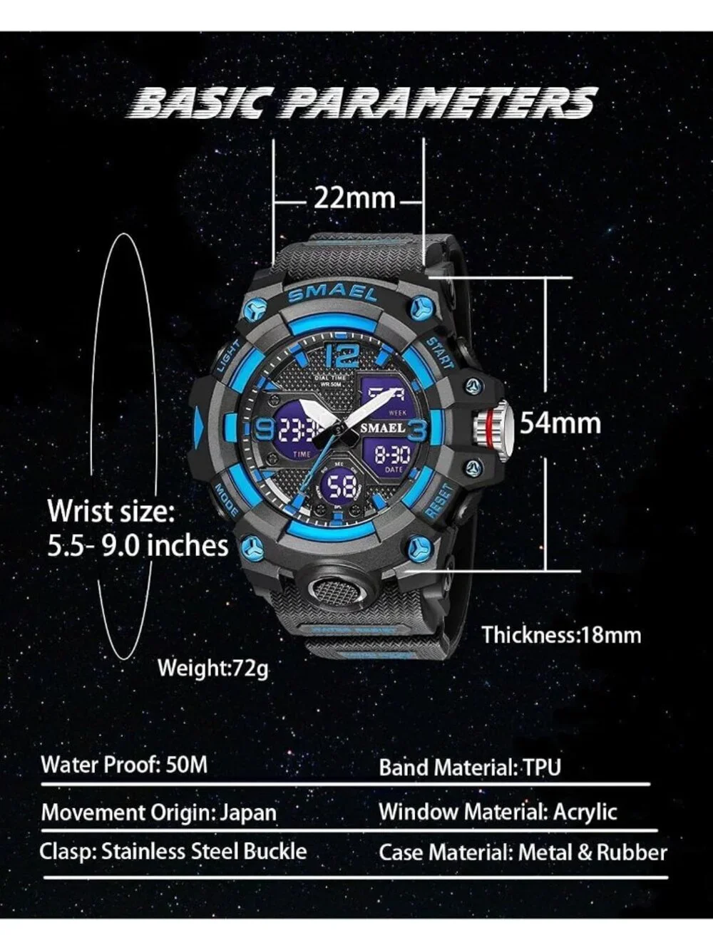 Men's Blue Analog Quartz S-Shock Waterproof Outdoor Sports LED Digital Watch
